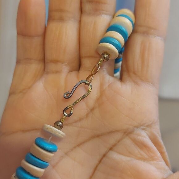 Vintage Exotic Boho Tribal Blue White Wiod Beads Statement Necklace - Picture 5 of 7